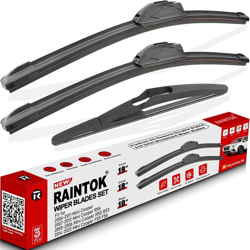 Raintok Windshield Wiper Blade Set Replacement for 2006-2011 Mini Cooper and Rear Windshield Wiper Blade-19"/18"/10" (Set of 3) U/J HOOK - Image 1